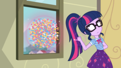 Size: 1920x1080 | Tagged: safe, screencap, sci-twi, twilight sparkle, best trends forever, best trends forever: pinkie pie, equestria girls, g4, my little pony equestria girls: better together, choose pinkie pie, clothes, confetti, cutie mark, cutie mark accessory, cutie mark on clothes, geode of telekinesis, littering, magic, magical geodes, pointing behind, telekinesis, window