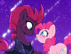 Size: 1041x795 | Tagged: safe, artist:esmeia, fizzlepop berrytwist, pinkie pie, tempest shadow, earth pony, pony, unicorn, g4, my little pony: the movie, blushing, broken horn, duo, eye scar, female, horn, lesbian, mare, night, scar, shipping, shooting star, smiling, starry eyes, tempestpie, wingding eyes