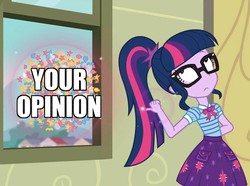 Size: 1454x1080 | Tagged: safe, edit, edited screencap, screencap, sci-twi, twilight sparkle, best trends forever, equestria girls, g4, my little pony equestria girls: better together, choose pinkie pie, confetti, geode of telekinesis, image macro, littering, magic, magical geodes, meme, reaction image, telekinesis, window, your opinion