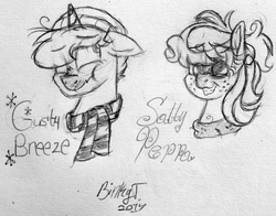 Size: 2348x1844 | Tagged: safe, artist:binkyt11, oc, oc only, oc:gusty breeze, oc:sally peppa, pegasus, pony, unicorn, beanie, clothes, female, freckles, grin, hat, male, mare, monochrome, nervous, nervous smile, red nosed, scarf, scrunchy face, signature, smiling, stallion, sweater, traditional art