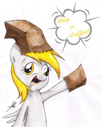 Size: 2000x2500 | Tagged: safe, artist:kzksm, derpy hooves, pony, g4, female, high res, paper bag, solo, traditional art