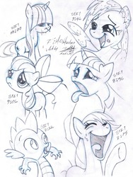 Size: 1500x2000 | Tagged: safe, artist:kzksm, apple bloom, applejack, spike, twilight sparkle, dragon, friendship is magic, g4, sketch, traditional art, wet