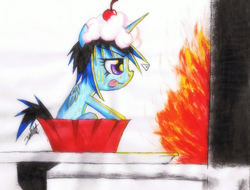 Size: 2000x1520 | Tagged: safe, artist:kzksm, oc, oc only, pegasus, pony, cupcake, fire, food, oven, person as food, sitting, solo, this will end in tears and/or death, tongue out, traditional art