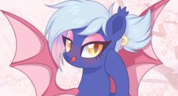 Size: 1919x1040 | Tagged: safe, artist:hawthornss, oc, oc only, oc:moon sugar, bat pony, pony, bat pony oc, bedroom eyes, blushing, bust, cherry blossoms, cute, eyeshadow, female, flower, flower blossom, licking, licking lips, looking at you, makeup, mare, raised hoof, solo, tongue out, wallpaper