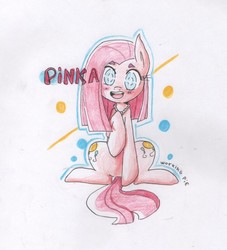 Size: 931x1026 | Tagged: safe, artist:workingpie, pinkie pie, earth pony, pony, g4, blushing, female, looking at you, pinkamena diane pie, rope, sitting, solo, traditional art