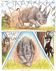 Size: 1076x1364 | Tagged: safe, artist:thefriendlyelephant, oc, oc only, oc:grumpy the rhino, oc:sabe, oc:uganda, antelope, black rhinoceros, giant sable antelope, rhinoceros, comic:sable story, africa, animal in mlp form, bush, charge, comic, dust, grass, grumpy, horns, raaaaah!, running, savanna, scar, scared, speed lines, territorial, traditional art, tree, yelling