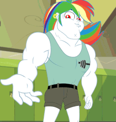 Size: 832x876 | Tagged: safe, edit, edited screencap, screencap, bulk biceps, best trends forever, best trends forever: rainbow dash, equestria girls, g4, my little pony equestria girls: better together, alternate hairstyle, animated, choose rainbow dash, gif, majestic as fuck, male, rainbow hair, rainbow wig, solo, wig