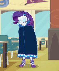 Size: 570x688 | Tagged: safe, screencap, rarity, best trends forever, best trends forever: twilight sparkle, equestria girls, g4, my little pony equestria girls: better together, animated, bracelet, canterlot high, cape, clothes, cropped, dramatic cape, eyes closed, eyeshadow, female, gif, jewelry, makeup, pencil skirt, rarity peplum dress, skirt, solo