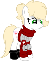 Size: 1280x1591 | Tagged: safe, artist:buckeyescozycafe, oc, oc only, oc:aubrey winters, earth pony, pony, armor, boots, clothes, female, knee pads, looking down, mare, medic, sad, shoes, simple background, solo, transparent background, vector