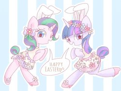 Size: 1276x957 | Tagged: safe, artist:1drfl_world_end, starlight glimmer, twilight sparkle, pony, unicorn, g4, bunny ears, clothes, dress, duo, easter, female, floral head wreath, flower, flower in hair, holiday, mare, one eye closed, wink