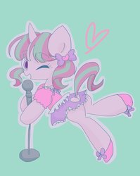 Size: 957x1204 | Tagged: safe, artist:1drfl_world_end, starlight glimmer, pony, unicorn, g4, alternate hairstyle, butt, clothes, dress, female, glimmer glutes, heart, mare, microphone, one eye closed, pigtails, plot, solo, twintails, wink