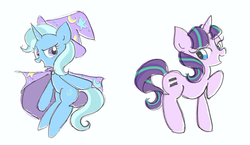 Size: 2063x1200 | Tagged: safe, artist:1drfl_world_end, starlight glimmer, trixie, pony, unicorn, g4, cape, clothes, duo, equal cutie mark, female, hat, looking at each other, mare, s5 starlight, simple background, trixie's cape, trixie's hat, white background