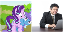 Size: 680x348 | Tagged: safe, starlight glimmer, trixie, human, pony, unicorn, g4, computer, duo, female, irl, irl human, laptop computer, male, mare, photo, smiling