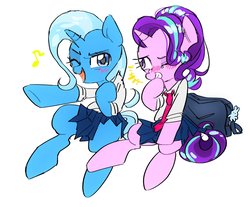 Size: 1500x1240 | Tagged: dead source, safe, artist:wagomu_pegasisu, starlight glimmer, trixie, pony, unicorn, g4, bag, clothes, crying, cute, diatrixes, female, giggling, glimmerbetes, hanging out, laughing, lesbian, necktie, one eye closed, school uniform, ship:startrix, shipping, sitting, skirt, skirt lift, smiling, tears of laughter, wink