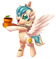 Size: 1024x1077 | Tagged: safe, artist:centchi, oc, oc only, oc:sun light, pegasus, pony, bandaid, clothes, female, filly, potted plant, scarf, simple background, solo, starry eyes, transparent background, watermark, wingding eyes