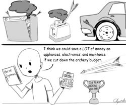 Size: 2000x1670 | Tagged: safe, artist:chopsticks, oc, oc only, oc:brownie bun, oc:richard, human, horse wife, appliances, archery, arrow, bald, calculator, car, comic, dialogue, dishwasher, funny, humor, male, monochrome, property damage, smoke, solo, this ended in mechanical failure, this will end in mechanical failure, this will end in property damage, toaster, trophy