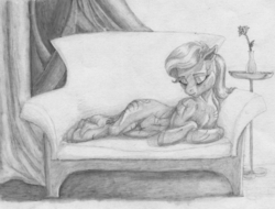 Size: 1024x779 | Tagged: safe, artist:joestick, diamond tiara, earth pony, pony, g4, chest fluff, couch, eyes closed, female, flower, grayscale, lying, mare, monochrome, older, rose, scarred, solo