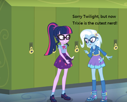 Size: 780x628 | Tagged: safe, edit, edited screencap, screencap, sci-twi, trixie, twilight sparkle, best trends forever, best trends forever: twilight sparkle, equestria girls, g4, my little pony equestria girls: better together, adorkable, canterlot high, choose twilight sparkle, clothes, cute, dork, geode of telekinesis, glasses, hallway, lockers, magical geodes, skirt