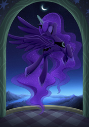 Size: 2832x4019 | Tagged: safe, artist:liu ting, princess luna, alicorn, pony, g4, eyes closed, female, flying, glowing horn, horn, magic, magic aura, mare, moon, solo, spread wings, wings