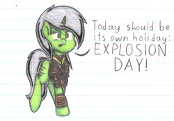 Size: 3304x2295 | Tagged: safe, artist:binary6, oc, oc only, oc:circuit, pony, unicorn, fallout equestria, crossover, female, high res, joke, leather armor, lined paper, portal (valve), portal 2, reference, rick the adventure sphere, solo, traditional art