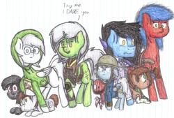 Size: 5776x3914 | Tagged: safe, artist:binary6, oc, oc only, oc:alloy cog, oc:binary5, oc:binary6, oc:circuit, oc:digit, oc:ebony, oc:polymer cog, oc:tutoral, pegasus, pony, unicorn, fallout equestria, army helmet, bowtie, clothes, glasses, helmet, hoodie, leather armor, lined paper, overmare, pipbuck, scarf, simple background, socks, stable-tec, traditional art