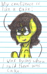 Size: 1553x2423 | Tagged: safe, artist:binary6, oc, oc only, oc:happy wigglesworth, pony, unicorn, confident, freckles, glasses, joke, lined paper, portal (valve), portal 2, reference, solo, the cake is a lie, traditional art
