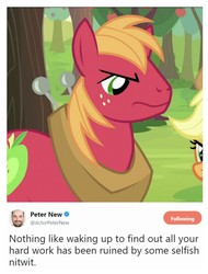 Size: 3106x4096 | Tagged: safe, screencap, applejack, big macintosh, earth pony, pony, g4, leak, angry, discussion in the comments, female, horse collar, male, mare, meta, peter new, stallion, text, twitter