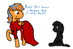Size: 821x553 | Tagged: safe, artist:binary6, oc, oc only, oc:cold front, oc:ebony, monster pony, original species, pegasus, pony, spiderpony, clothes, crossdressing, digital art, dress, red dress, simple background, transparent background
