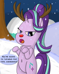 Size: 2400x3000 | Tagged: safe, artist:saburodaimando, starlight glimmer, deer, pony, reindeer, unicorn, g4, antlers, belly button, bipedal, christmas, daimando is going to hell, high res, holiday, red nose, snow, starlight glimmer is not amused, unamused, winter