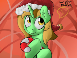 Size: 3200x2400 | Tagged: safe, artist:lurker, oc, oc only, oc:fallenleaf, pony, unicorn, candy, candy cane, christmas, food, hat, hearts and hooves day, high res, holiday, santa hat, simple background