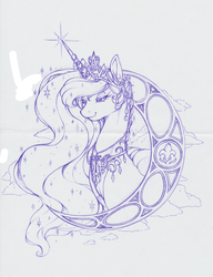 Size: 1218x1586 | Tagged: safe, artist:longinius, princess luna, alicorn, pony, g4, abstract background, bust, crescent moon, crown, ear piercing, earring, female, horn, horn ring, jewelry, mare, monochrome, moon, peytral, piercing, regal, regalia, sketch, smiling