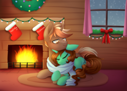 Size: 4200x3000 | Tagged: safe, artist:scarlet-spectrum, oc, oc only, oc:melody, oc:resonance, pony, clothes, commission, cuddling, detailed background, eyes closed, female, fireplace, male, mare, oc x oc, shared clothing, shipping, smiling, snow, stallion, straight, window