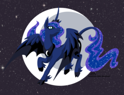 Size: 1301x1000 | Tagged: safe, artist:texasuberalles, princess luna, alicorn, classical unicorn, pony, g4, alternate design, bat wings, cloven hooves, curved horn, female, flying, horn, hybrid wings, leonine tail, lineless, looking back, mare, moon, slit pupils, solo, space, unshorn fetlocks