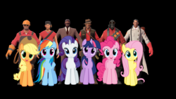 Size: 1920x1080 | Tagged: safe, applejack, fluttershy, pinkie pie, rainbow dash, rarity, twilight sparkle, g4, crossover, engineer, engineer (tf2), mane six, medic, medic (tf2), pyro (tf2), scout (tf2), sniper, sniper (tf2), spy, spy (tf2), t pose, team fortress 2