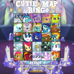 Size: 1024x1024 | Tagged: safe, screencap, apple bloom, babs seed, button mash, diamond tiara, discord, fleetfoot, garble, pharynx, prince rutherford, princess cadance, princess celestia, princess ember, princess flurry heart, princess luna, queen chrysalis, scootaloo, shining armor, silver spoon, soarin', spitfire, star swirl the bearded, sunburst, sweetie belle, thorax, zephyr breeze, changedling, changeling, changeling queen, dragon, pony, g4, my little pony: friendship is magic, season 8, bingo, colt, cutie map, exploitable meme, female, filly, image macro, king thorax, male, mare, meme, misspelling, prince pharynx, stallion, text