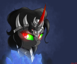 Size: 1866x1554 | Tagged: safe, artist:kirasunnight, king sombra, pony, unicorn, g4, black hair, black mane, bust, crown, crystal, female, glowing eyes, green eyes, jewelry, mare, queen umbra, red eyes, regalia, rule 63, smiling, solo