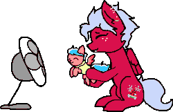 Size: 586x380 | Tagged: safe, artist:nootaz, oc, oc only, oc:melon frost, oc:pink licorice, pegasus, pony, animated, butt freckles, commission, cute, ear piercing, earring, eyes closed, fan, female, foal, freckles, jewelry, mare, mother and daughter, offspring, parent:oc:creamy pinch, parent:oc:melon frost, parents:oc x oc, piercing, simple background, sitting, smiling, snake bites, transparent background