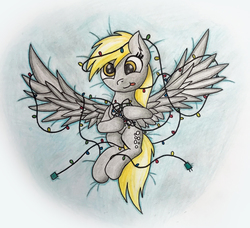 Size: 1000x913 | Tagged: safe, artist:vaser888, derpy hooves, pegasus, pony, g4, christmas, christmas lights, female, holiday, mare, solo, spread wings, tongue out, traditional art, wings