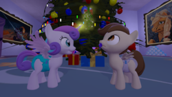 Size: 1920x1080 | Tagged: safe, artist:northern haste, pound cake, princess flurry heart, alicorn, pony, g4, 3d, baby, baby pony, christmas, christmas tree, colt, cute, diaper, female, filly, foal, holiday, levitation, magic, male, mistletoe, pacifier, ship:poundflurry, shipping, source filmmaker, straight, telekinesis, tree