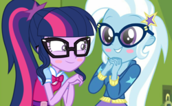 Size: 1158x715 | Tagged: safe, artist:themexicanpunisher, artist:uponia, sci-twi, trixie, twilight sparkle, best trends forever: twilight sparkle, equestria girls, g4, blush sticker, blushing, choose twilight sparkle, clothes, cute, diatrixes, duo, female, glasses, lesbian, ship:sci-twixie, ship:twixie, shipping, smiling, twiabetes