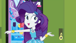 Size: 720x404 | Tagged: safe, screencap, applejack, drama letter, rarity, sci-twi, teddy t. touchdown, twilight sparkle, watermelody, best trends forever, best trends forever: pinkie pie, equestria girls, g4, my little pony equestria girls: better together, animated, background human, canterlot high, confetti, gif, hallway, lockers