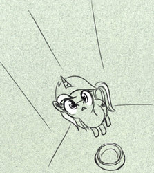 Size: 588x659 | Tagged: safe, artist:el-yeguero, lyra heartstrings, pony, unicorn, g4, bowl, female, looking up, mare, monochrome, pet bowl, sketch, solo