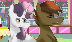 Size: 2957x1764 | Tagged: safe, artist:sapphireartemis, button mash, sweetie belle, g4, blushing, female, male, older, ship:sweetiemash, shipping, straight, teenager