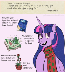 Size: 2400x2646 | Tagged: safe, artist:overlordneon, twilight sparkle, alicorn, pony, g4, answer, atlas, christmas, christmas gift, clothes, comic, female, flower, high res, holiday, implied lesbian, implied magical lesbian spawn, implied oc, implied shipping, implied sunset shimmer, implied sunsetsparkle, plant, pop-up book, present, response, scarf, twilight sparkle (alicorn)