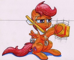 Size: 2686x2193 | Tagged: safe, artist:bbqninja501st, scootaloo, pony, g4, cute, cutealoo, female, filly, high res, present, ribbon, silly, silly pony, solo, tape, traditional art, wrapping, wrapping paper