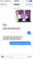 Size: 400x710 | Tagged: safe, spike, twilight sparkle, dragon, g4, bandage, implied injury, meme, text, texts from ponies