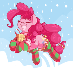 Size: 3000x2856 | Tagged: safe, artist:graphene, pinkie pie, earth pony, pony, bell, christmas, clothes, cute, diapinkes, eyes closed, female, happy, high res, holiday, jingle bells, jumping, mare, sky, smiling, snow, socks, solo, stockings, striped socks, thigh highs, winter