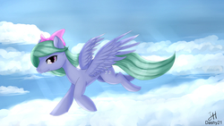 Size: 1920x1080 | Tagged: safe, artist:dashy21, flitter, pegasus, pony, g4, bow, cloud, flying, hair bow