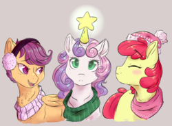 Size: 2881x2121 | Tagged: dead source, safe, artist:yomitai, apple bloom, scootaloo, sweetie belle, earth pony, pegasus, pony, unicorn, g4, blushing, christmas, christmas star, clothes, cute, cutie mark crusaders, earmuffs, female, filly, high res, holiday, scarf, trio