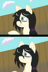 Size: 576x864 | Tagged: safe, artist:scraggleman, oc, oc only, oc:floor bored, earth pony, pony, bags under eyes, chest fluff, cloud, female, fence, hair over one eye, mare, reaction image, smiling, smirk, solo